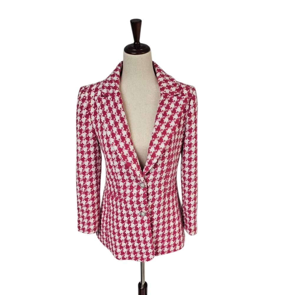 Wayf‎ Houndstooth Barbie Pink Y2K Tweed Blazer Jacket Small Preowned - Picture 2 of 9